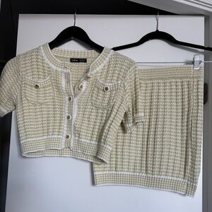 Knit Cardigan and Skirt Set - light green and white